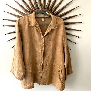 By J.J. Tan 100% Linen Flax Button Front Jacket Fringe